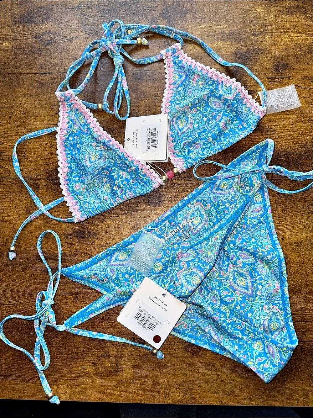 Kulani Kinis Crochet Halter Bikini Top & Crochet Dipped Cheeky Tie Bikini Bottom